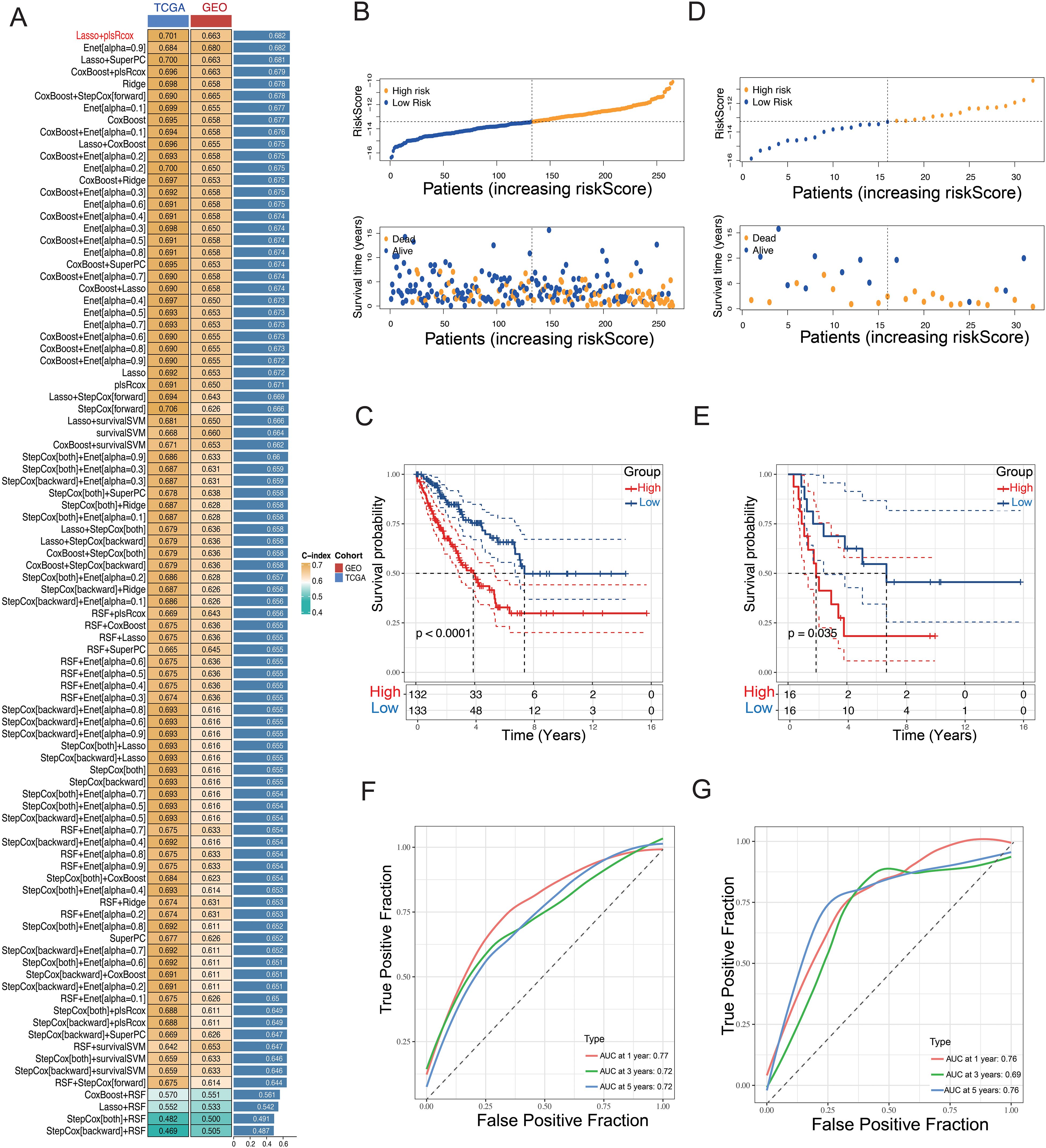 A multi-panel image displays various statistical results related to risk scores and survival analysis. Panel A lists multiple models with their risk scores for TCGA and GEO datasets. Panels B and D exhibit risk scores and survival times for patients, distinguishing between high and low risk groups. Panels C and E show Kaplan-Meier survival curves indicating the probability of survival over time for high and low risk groups with associated p-values. Panels F and G present ROC curves with true positive vs. false positive fractions, including AUC values for one, three, and five years.