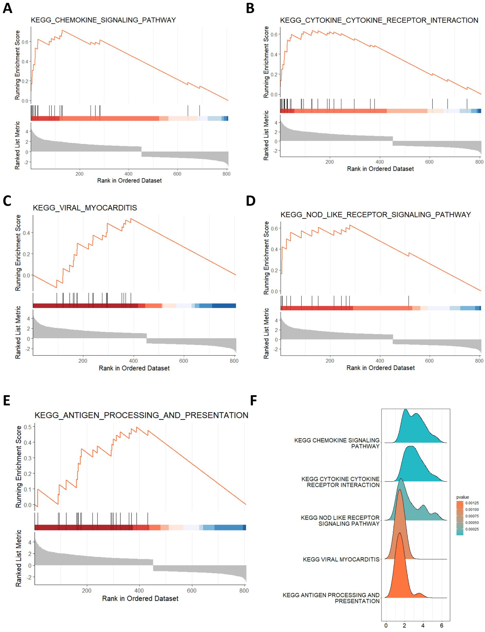 A composite image showing multiple data visualizations:A) Venn diagram displaying overlap between DEGs (741) and GMRGs (621) with 65 as common elements.B) Heatmap illustrating gene expression differences between two groups: ICP1 and Control.C) Correlation matrix showing relationships among various genes, color-coded by correlation strength.D) Circular plot mapping gene locations across chromosomes.E) GO enrichment bubble plots for biological processes, cellular components, and molecular functions, with dot size signifying count and color indicating significance.F) KEGG enrichment scatter plot highlighting pathways like rheumatoid arthritis and tuberculosis, with dot size and color representing count and significance.G) Line graph of enrichment scores for the cytokine-cytokine receptor interaction pathway.