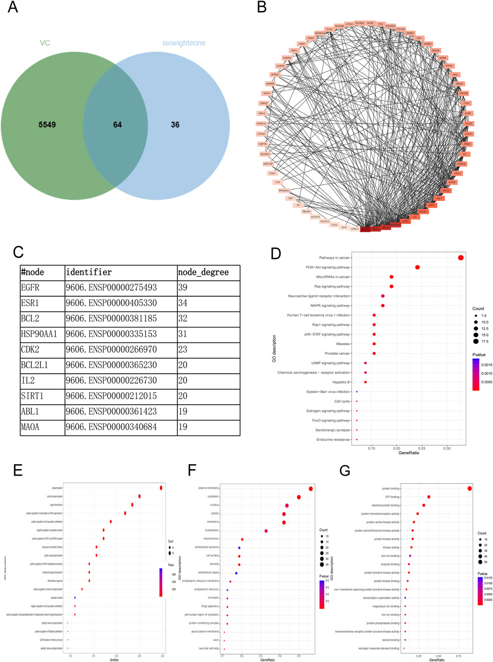 A set of images including a Venn diagram, network graph, table, and four dot plots. A: Venn diagram showing overlap between