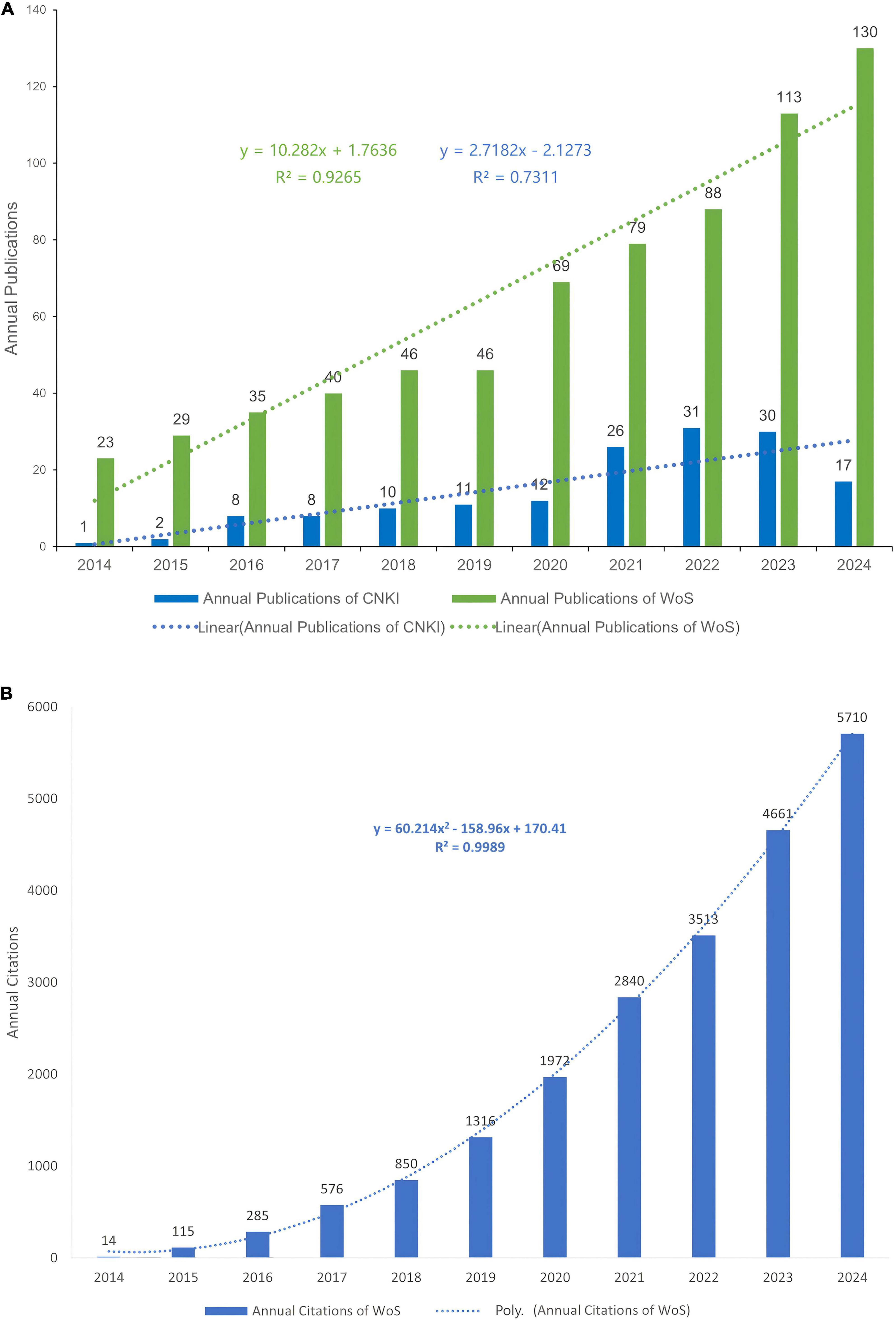 Chart A displays annual publications from 2014 to 2024, with the CNKI (green) showing a steeper increase than WoS (blue). Trendlines indicate the CNKI growth equation is \(y = 10.282x + 1.7636\), \(R^2 = 0.9265\), and for WoS, \(y = 2.7182x - 2.1273\), \(R^2 = 0.7311\). Chart B shows annual citations for WoS, starting at 14 in 2014 and rising to 5710 in 2024, following a polynomial trend \(y = 60.214x^2 - 158.96x + 170.41\), \(R^2 = 0.9989\).