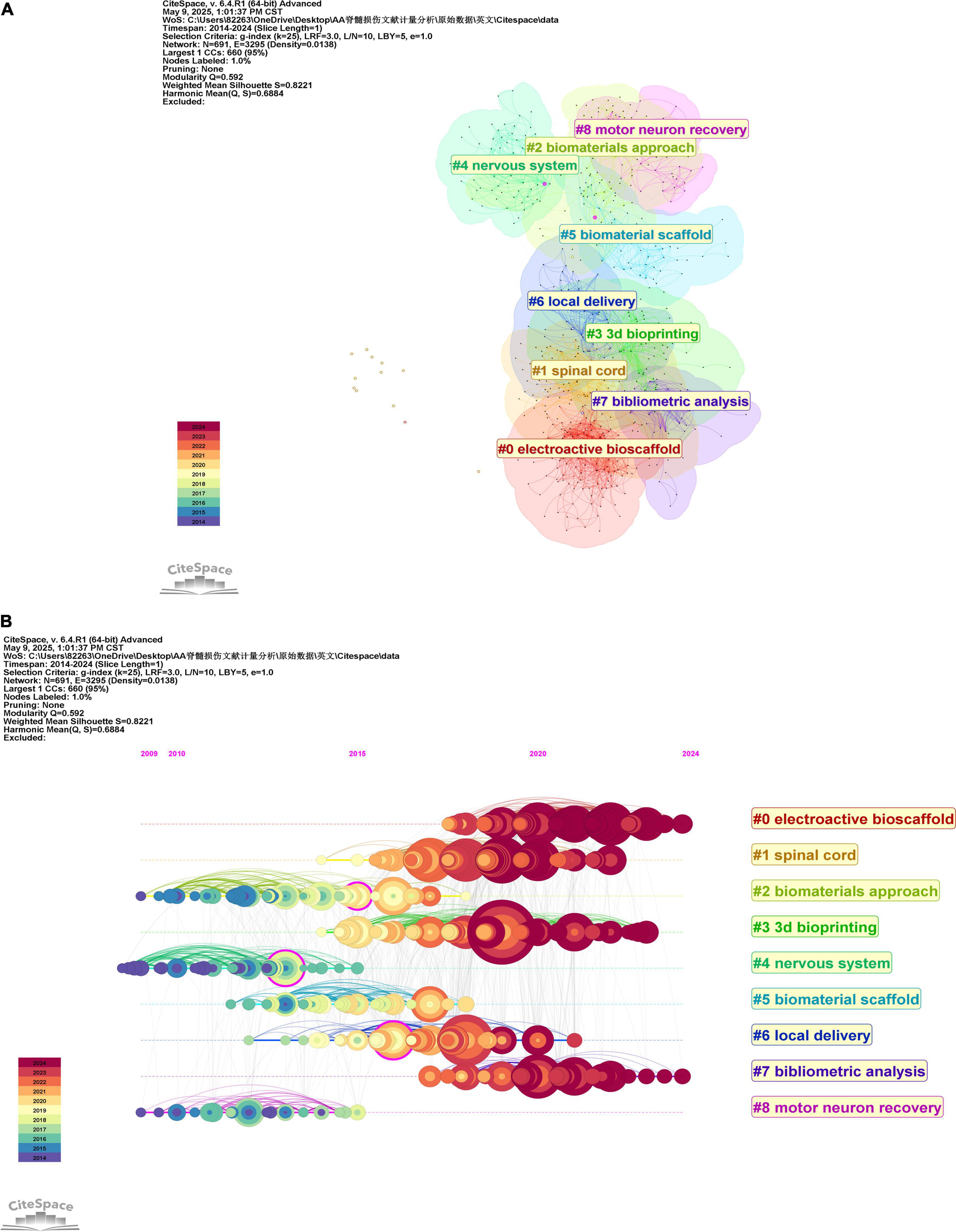 “Graphic displaying two visualizations labeled A and B. A shows interconnected clusters highlighting topics like” “electroactive bioscaffold,” “spinal cord,” and “motor neuron recovery,” each with distinct colors. B features a timeline from 2009 to 2024 with bubble diagrams representing research areas over time, using a color gradient to indicate different years. Both visuals include a legend linking colors to specific research topics and are produced using CiteSpace software.”