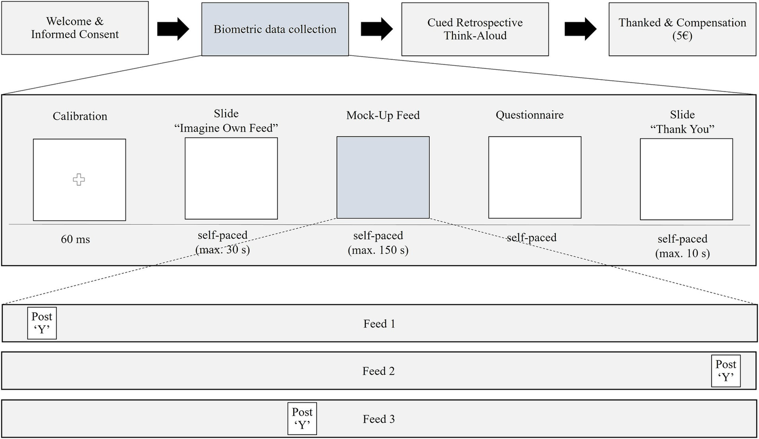 Flowchart illustrating a study procedure. Begins with "Welcome & Informed Consent," followed by "Biometric data collection," then "Cued Retrospective Think-Aloud," and ends with "Thanked & Compensation (5€)." Detailed section shows four stages: Calibration (60 ms), "Imagine Own Feed" slide (self-paced, max 30 s), Mock-Up Feed (self-paced, max 150 s), Questionnaire (self-paced), and "Thank You" slide (self-paced, max 10 s). Below are three Feed sections, each labeled "Post 'Y'."