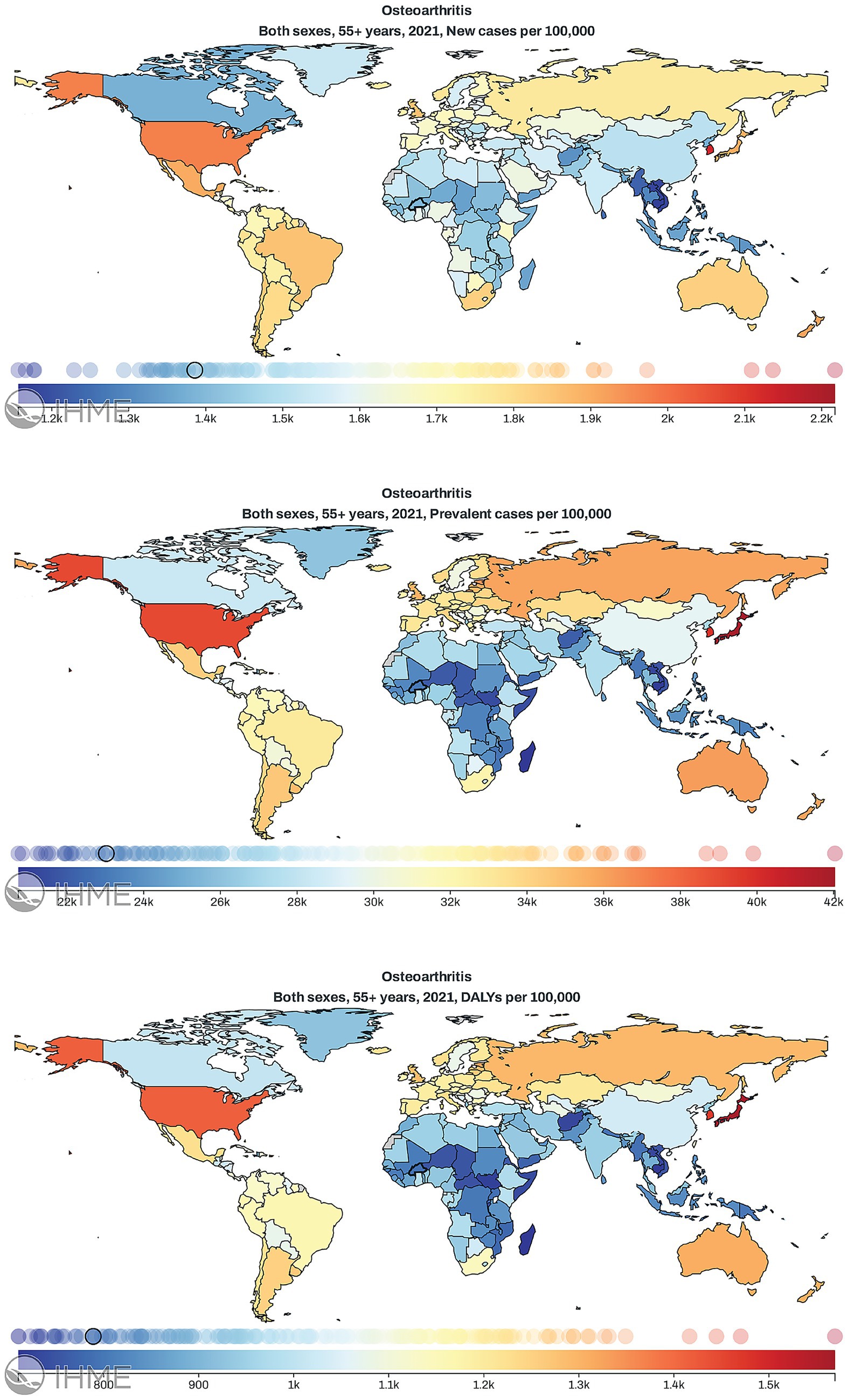 Three world maps illustrate osteoarthritis data for individuals aged 55 and older in 2021. The first map shows new cases per 100,000, with North America and parts of Europe in red, indicating high rates, while Africa and parts of Asia are in blue or yellow, indicating lower rates. The second map displays prevalent cases per 100,000, showing similar regional variations. The third map depicts disability-adjusted life years (DALYs) per 100,000, following a similar color pattern, suggesting regions with higher health impacts from osteoarthritis. Color scales range from blue to red, with red indicating higher numbers.