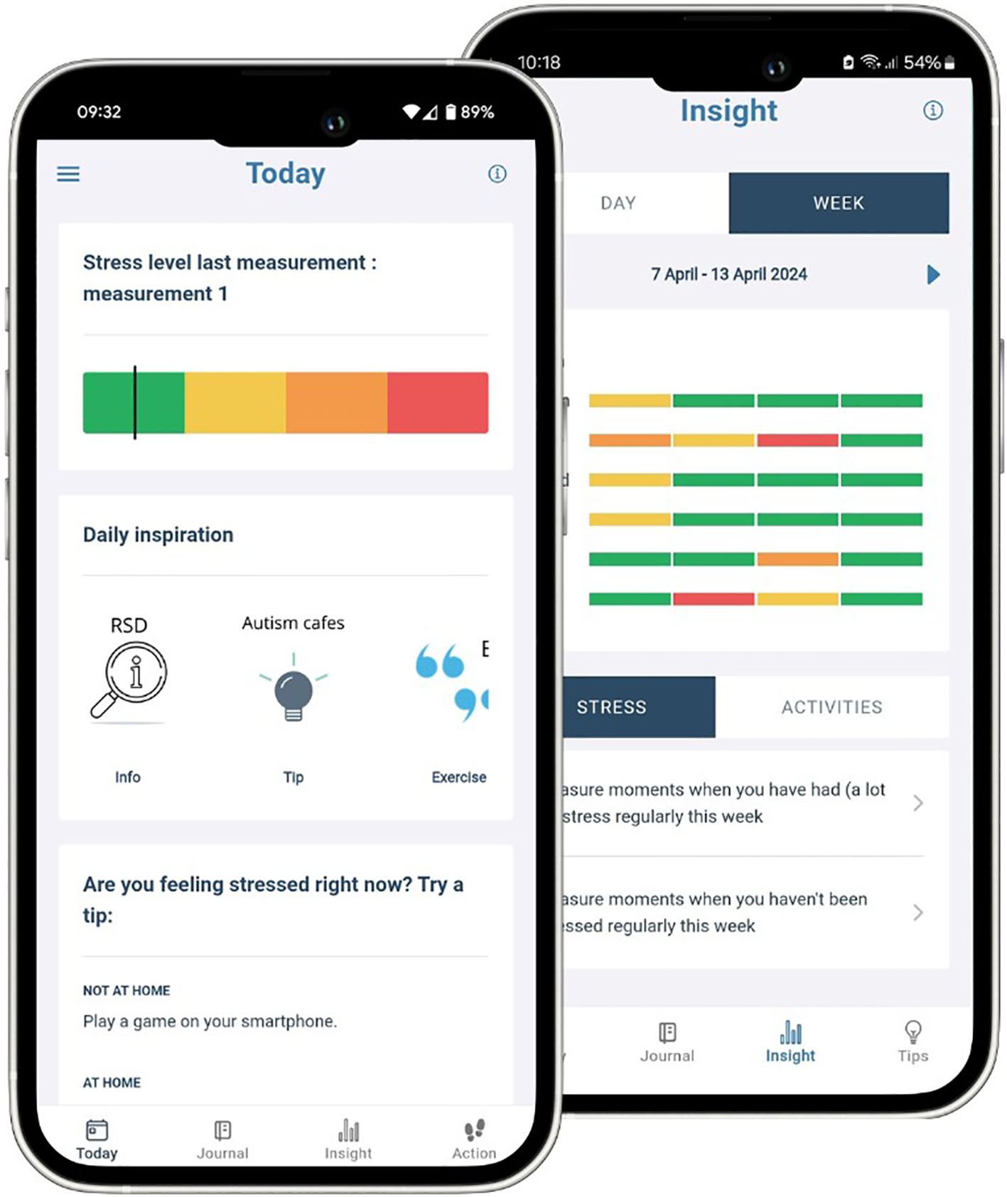 Two smartphone screens display a stress management app. The first screen shows a stress level measurement with a color-coded bar and offers daily inspiration tips. The second screen presents a weekly insights tab with a schedule in various colors indicating stress levels and activities.