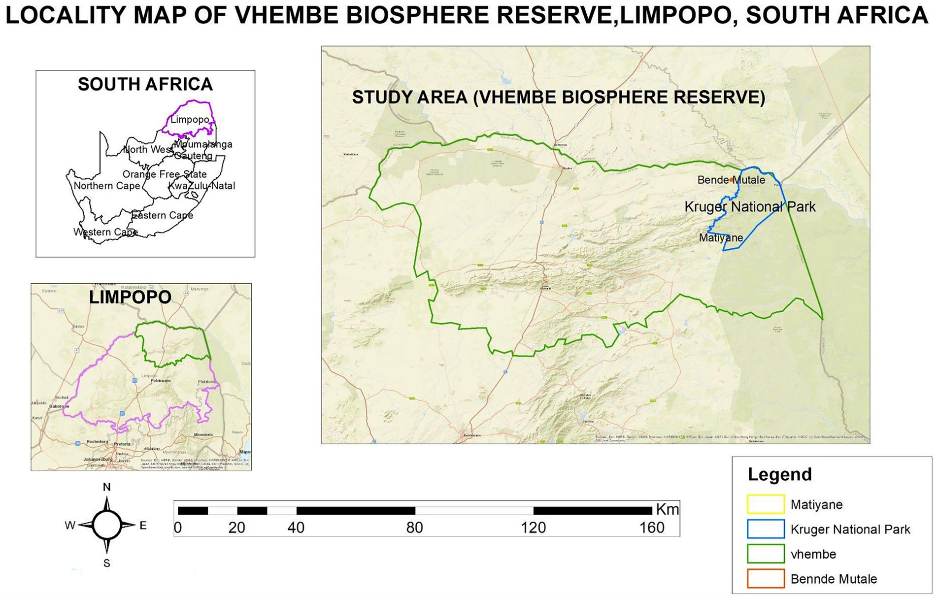 Map showing the Vhembe Biosphere Reserve in Limpopo, South Africa. The main map outlines the reserve and features Kruger National Park, Matiyane, and Bennde Mutale. Insets include South Africa, highlighting Limpopo. A legend and scale bar are included.