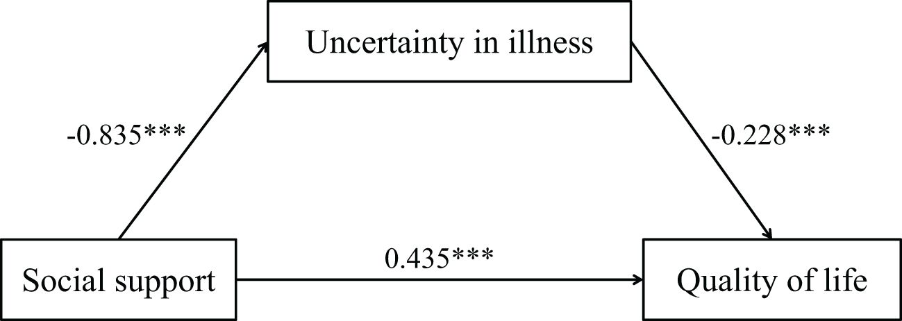 Diagram illustrating relationships between social support, uncertainty in illness, and quality of life. Social support has a direct positive effect (0.435) on quality of life and a negative effect (-0.835) on uncertainty in illness, which in turn negatively affects quality of life (-0.228). Arrows represent the direction of influence.