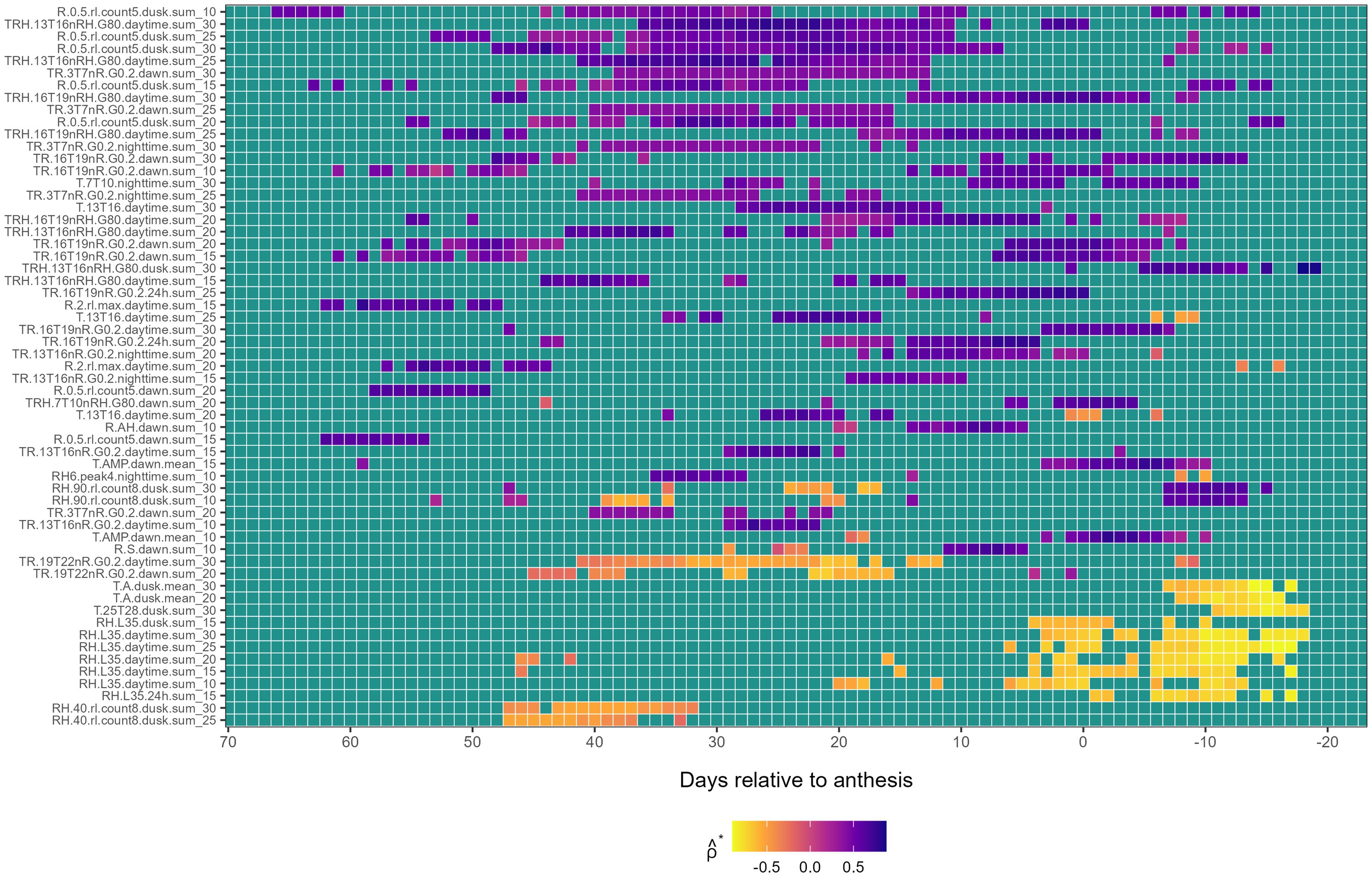 Heatmap of FA1 weather variables (y-axis) conduciveness across time relative to anthesis (x-axis). Color scale, from blue to yellow, indicates positive to negative correlations.