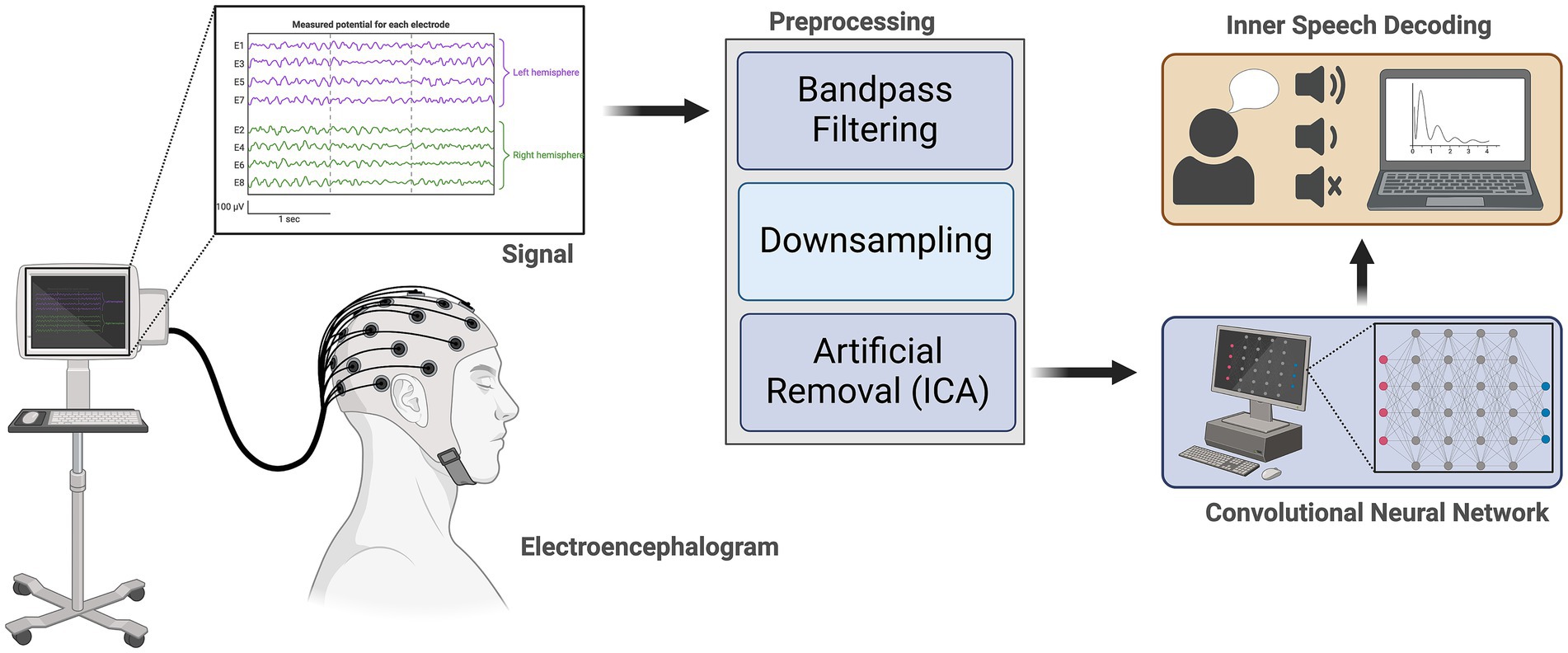 Diagram showing the process of inner speech decoding using an electroencephalogram (EEG). The EEG captures brain signals from electrodes on the scalp, which are then preprocessed via bandpass filtering, downsampling, and artificial removal (ICA). Next, a convolutional neural network analyzes the data, enabling the decoding of inner speech displayed on a laptop screen.