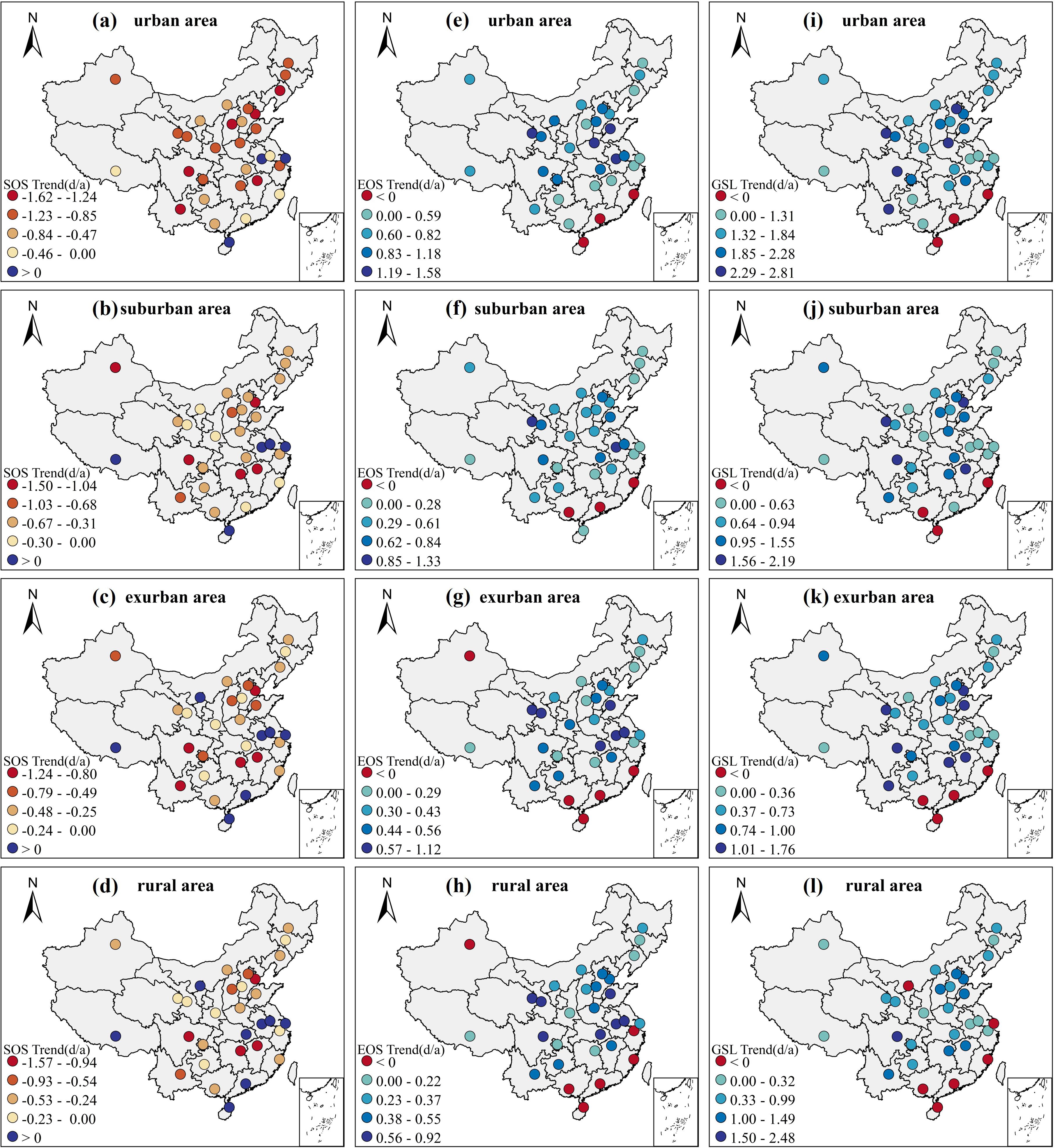 Twelve-panel map showing trends across China in urban, suburban, exurban, and rural areas. Each row represents different area types, while columns indicate trends: SOS, EOS, and GSL. Circles in varying colors and sizes signify trend directions and magnitudes. SOS (a-d) shows mostly decreasing trends, EOS (e-h) displays mixed patterns, and GSL (i-l) indicates a general increase, with colors ranging from red (decrease) to blue (increase). Each panel includes a legend and map outline.
