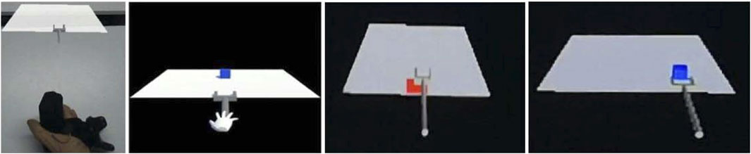 Two-part image showing different experimental setups. Left side: person seated at a desk with a camera above, holding a device, with a monitor displaying their actions. Right side: another desk with equipment and a person partially visible, wearing headgear. Both setups have overhead lamps and images of the desk top inset in circles, highlighting monitored activities.