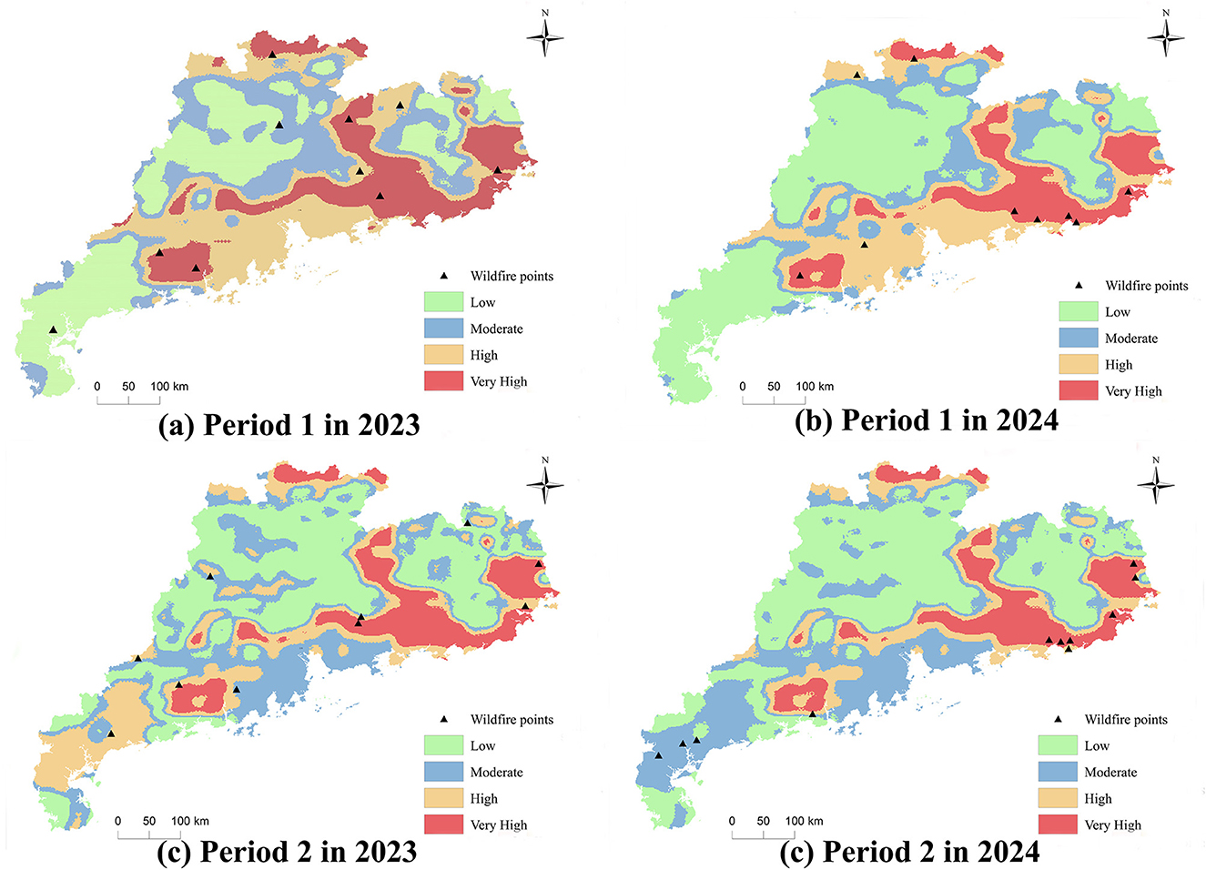Four maps showing wildfire risk in a region for different periods in 2023 and 2024. Each map uses colors to indicate risk levels: low (green), moderate (blue), high (orange), and very high (red). Black triangles mark wildfire points. Maps are labeled: (a) Period 1 in 2023, (b) Period 1 in 2024, (c) Period 2 in 2023, (d) Period 2 in 2024. A scale bar shows distances up to one hundred kilometers.