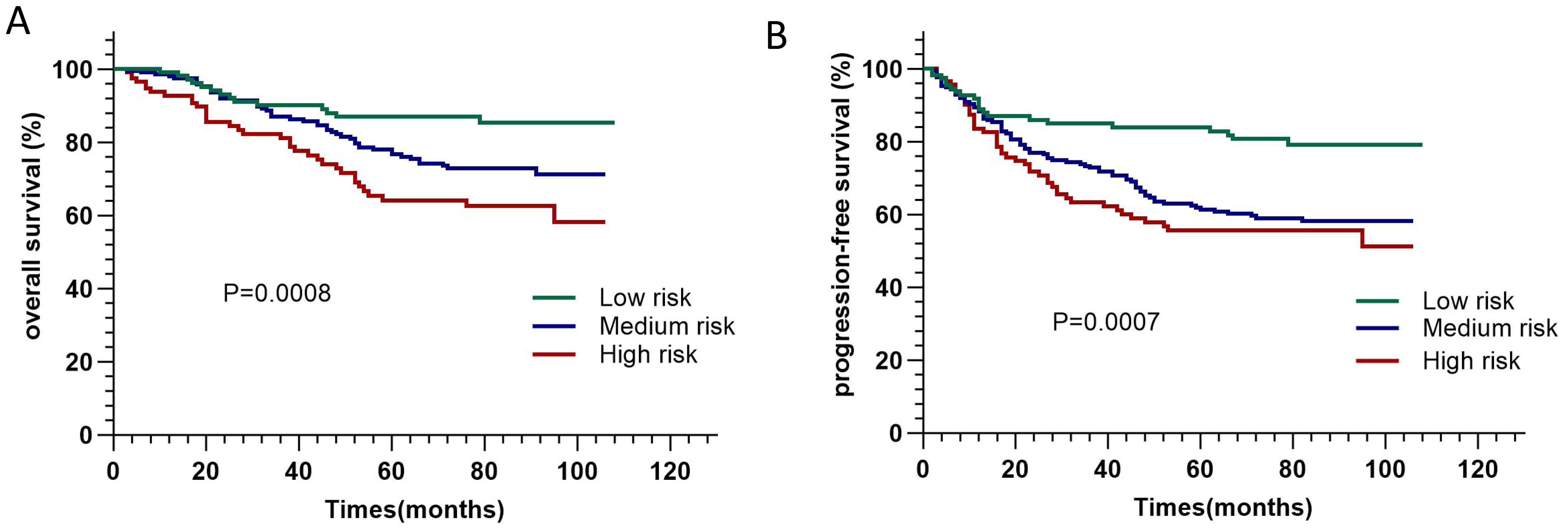 Two Kaplan-Meier survival plots compare low, medium, and high-risk groups. Chart A shows overall survival; the low-risk group has the highest survival rate, followed by medium and high-risk (P=0.0008). Chart B shows progression-free survival with similar trends (P=0.0007). Time is measured in months.