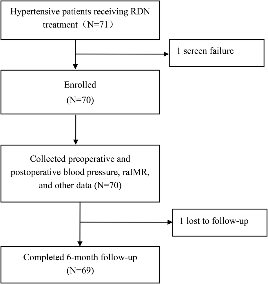 Flowchart showing the progression of 71 hypertensive patients receiving RDN treatment. One was excluded due to screen failure, 70 were enrolled, data were collected, and 69 completed 6-month follow-up.