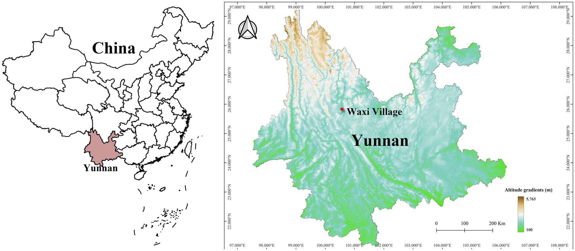 Map showing China with Yunnan province highlighted in pink on the left. On the right, a detailed topographic map of Yunnan indicates altitude gradients and marks the location of Waxi Village with a red star.