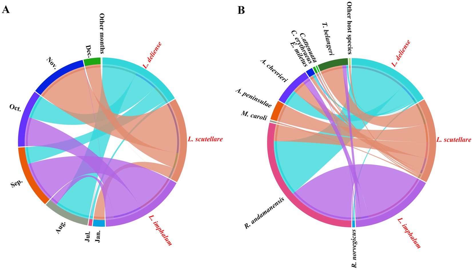 Two colored circular diagrams illustrate the distribution patterns of species. Diagram A shows distribution over time, labeled by months, while Diagram B shows distribution among various host species. Connections of different colors link distinct segments, representing relationships between the elements over time and host specificity.