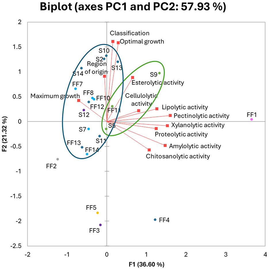 Biplot showing principal component analysis (PCA) with axes PC1 (36.60%) and PC2 (21.32%), accounting for 57.93% of variation. Points represent samples with varying activities: optimal growth, maximum growth, and different enzymatic activities. Two ellipses indicate regions of origin and cellulolytic activity. Various activities such as esterolytic, amyolytic, and xylanolytic are indicated by vectors.