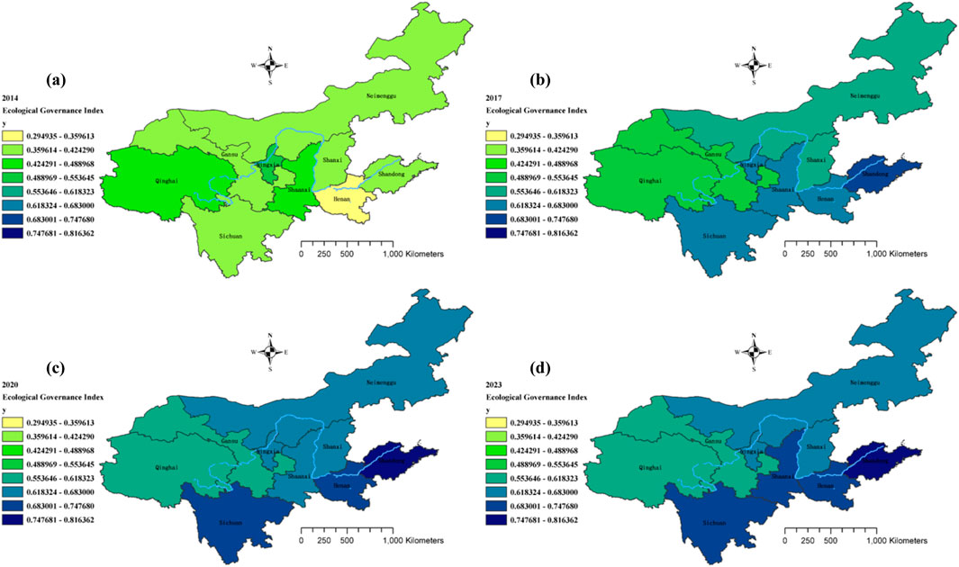 Maps displaying the Ecological Governance Index of various provinces in China for the years 2014 (a), 2017 (b), 2020 (c), and 2023 (d). Color gradients from yellow to dark blue represent index values from low to high. The maps show varying levels of ecological governance improvement over time, with the northeastern provinces experiencing notable increases by 2023. A legend is included for color reference. Compass roses orient the maps, and a scale bar indicates distances in kilometers.
