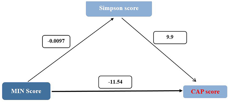 Flowchart depicting relationships among MIN Score, CAP Score, and Simpson Score. MIN Score connects to Simpson Score with -0.0097, Simpson connects to CAP Score with 9.9, and MIN connects directly to CAP Score with -11.54.