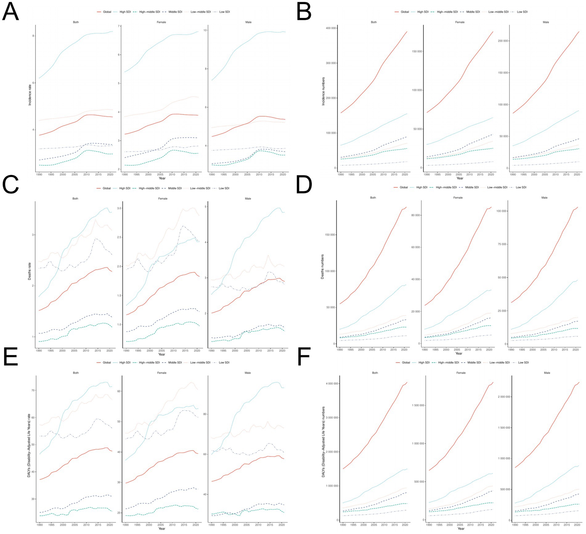 Six panels labeled A to F show line graphs of global health metrics from 1990 to 2019. Each panel compares trends by sex and SDI regions (high, high-middle, middle, low-middle, low). Panels A and B depict incidence and prevalence rates, respectively. Panels C and D display death rates and total deaths. Panels E and F illustrate DALYs (Disability-Adjusted Life Years) rates and totals. Trends generally increase over time, with the global and high SDI regions showing higher values.