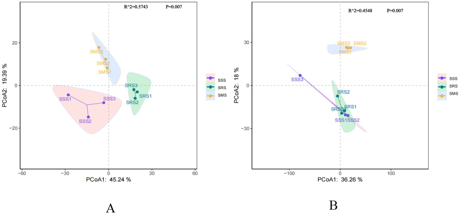 Two plots labeled A and B show Principal Coordinate Analysis (PCoA). Plot A: Horizontal axis PCoA1 at 45.24 percent and vertical axis PCoA2 at 19.39 percent. Plot B: Horizontal axis PCoA1 at 36.26 percent and vertical axis PCoA2 at 18 percent. Both plots depict three distinct clusters labeled SSS (purple), SRS (green), and SMS (orange). The explained variance and p-value are indicated: R^2=0.5743 and P=0.007 for plot A, R^2=0.4548 and P=0.007 for plot B.