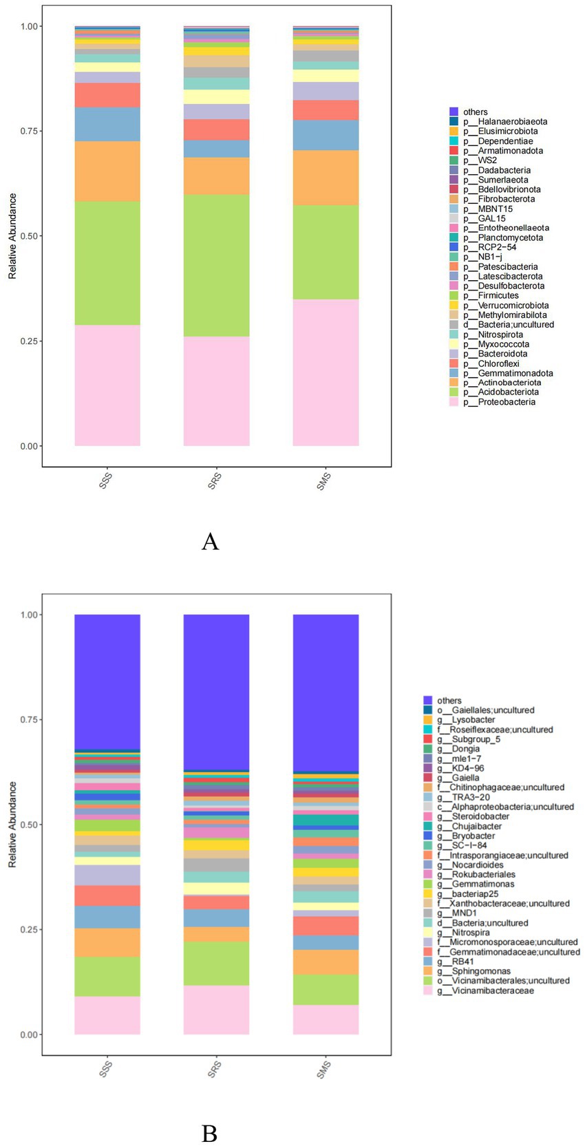 Stacked bar charts labeled A and B compare the relative abundance of different microbial phyla and genera across three sample types: SSS, SRS, and SMS. Chart A shows phyla such as Proteobacteria and Actinobacteriota, while Chart B presents genera like GaIella and Lysobacter. Each bar is divided into multiple colored sections representing various microbial groups with a legend explaining the colors.