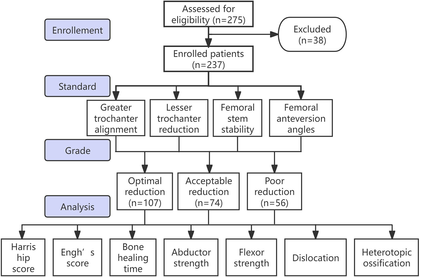 Flowchart showing patient selection and outcomes in a study. Initially, 275 patients are assessed for eligibility, with 38 excluded. 237 enrolled patients are assessed on factors like trochanter alignment, reduction, femoral stability, and anteversion angles. Outcomes are categorized into optimal (107 patients), acceptable (74), and poor reductions (56). Final analysis involves assessing Harris hip score, Engh's score, bone healing time, and factors like abductor and flexor strength, dislocation, and heterotopic ossification.