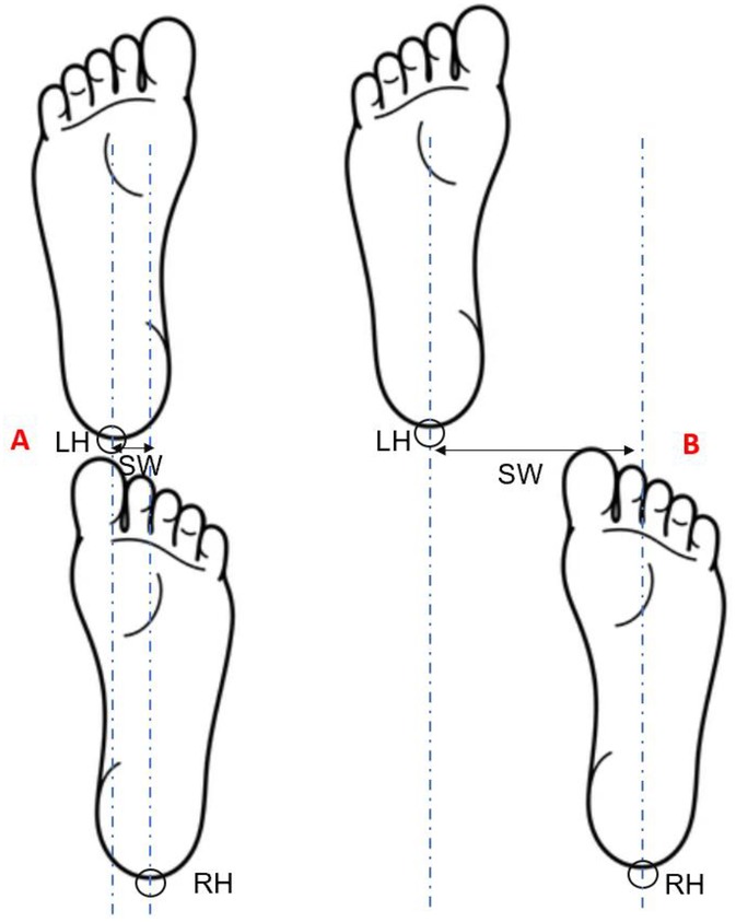Diagram showing two positions of feet. In position A, the left heel (LH) overlaps with the right heel (RH), with a step width (SW) marked between left feet. In position B, the left heel is directly in line with the right foot, with a step width indicated to the side. Blue dashed lines illustrate alignment.