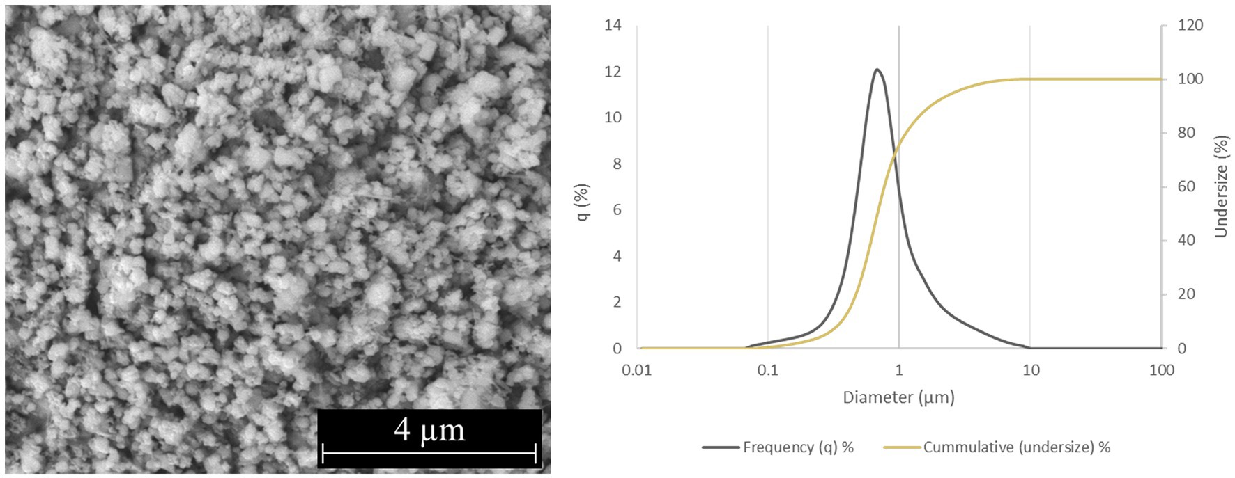 A microscopic image shows clustered particles with a scale of four micrometers. Accompanying the image is a graph displaying particle size distribution. The x-axis represents diameter in micrometers, ranging from 0.01 to 100. The y-axis on the left indicates frequency percentage (q) and on the right, cumulative undersize percentage. The graph features a black curve for frequency and a yellow curve for cumulative undersize, peaking around one micrometer.