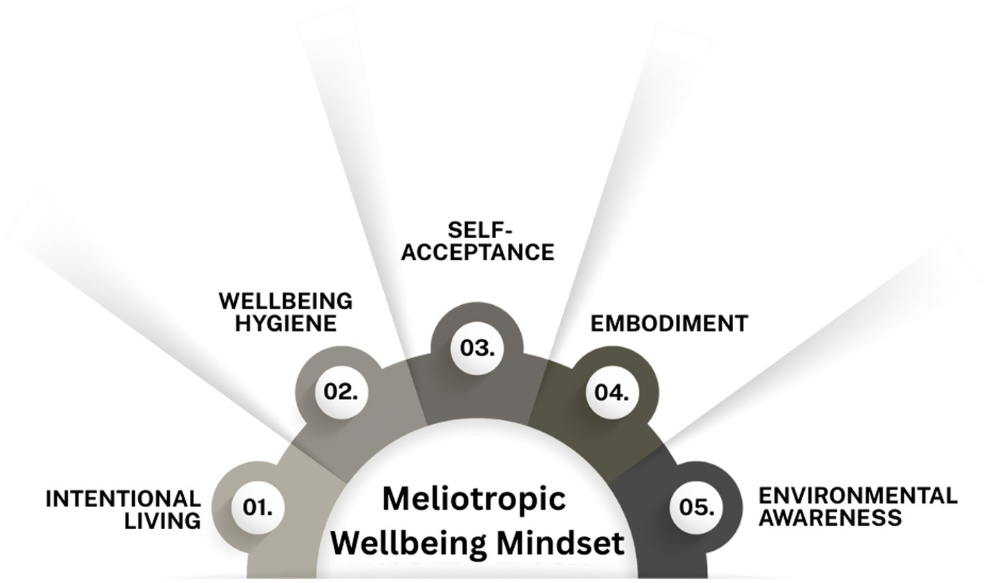 Diagram illustrating five components of mindset: 1) Intentional Living, 2) Wellbeing Hygiene, 3) Authentic Self-Acceptance, 4) Embodiment, 5) Environmental Awareness. Each component is numbered and radiates outward like segments of a semicircle.