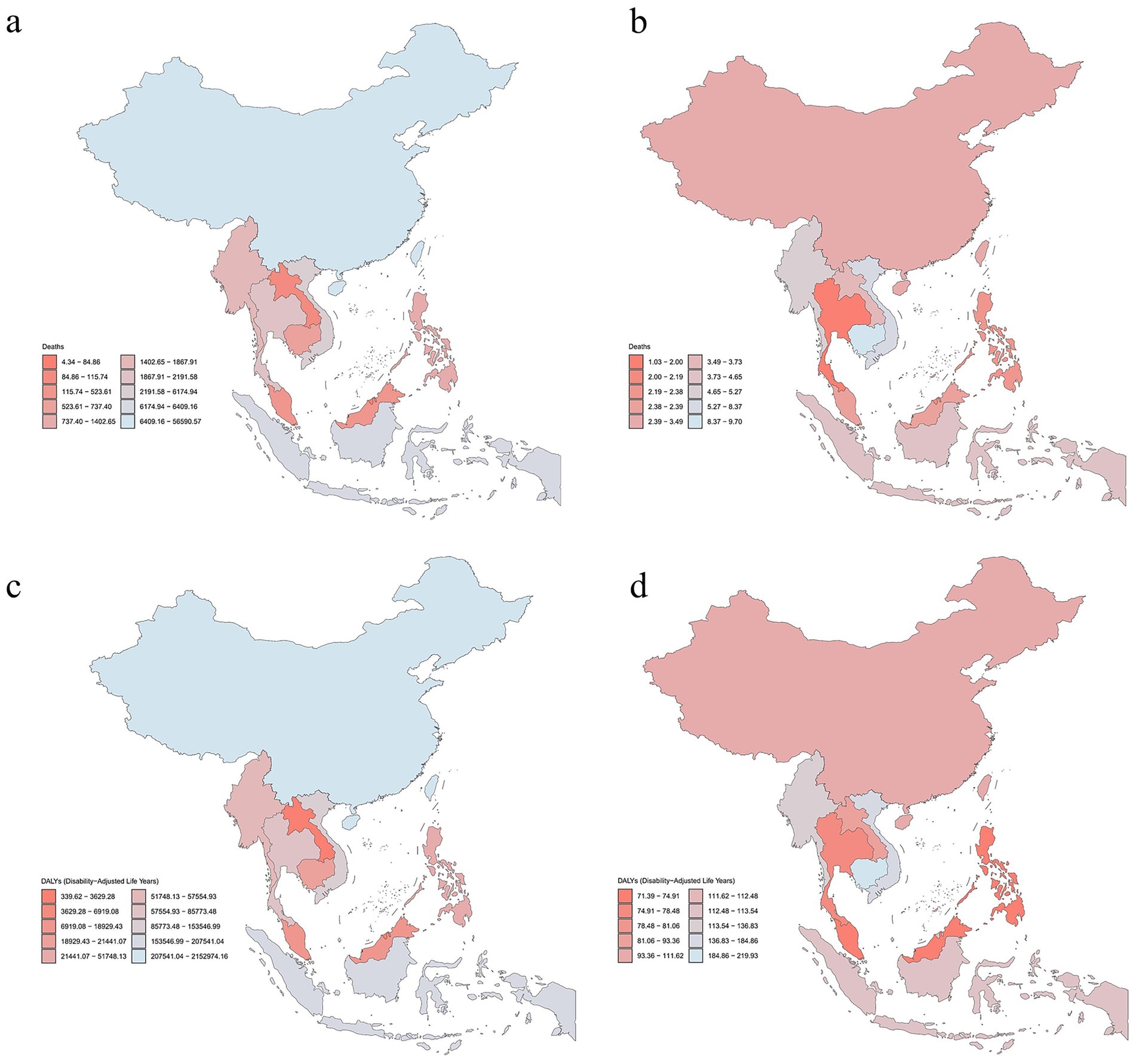 Four maps of Southeast Asia are shown, labeled a, b, c, and d, each illustrating different data distributions. Maps a and c use a blue-to-red gradient to represent deaths and DALYs (Disability-Adjusted Life Years) respectively, with legends indicating specific ranges of values. Maps b and d use shades of red to convey a different aspect of mortality and DALYs, with corresponding legends. Regions within the maps are color-coded according to the data provided, illustrating geographic variances.