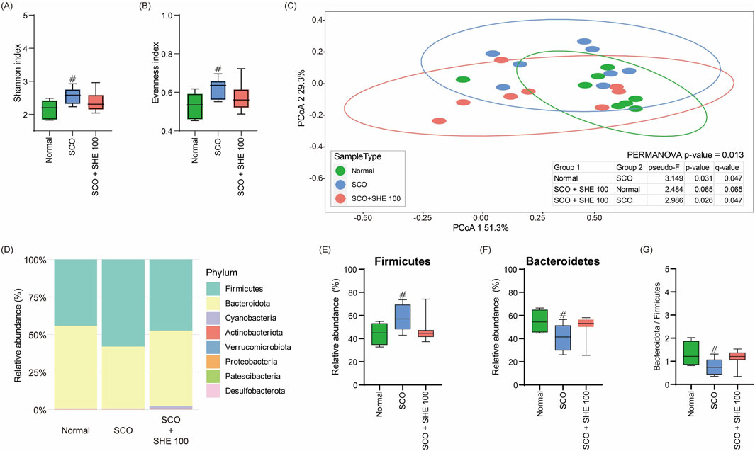 The image shows multiple charts related to microbiota analysis. (A) and (B) are box plots depicting Shannon and Evenness indices for Normal, SCO, and SCO + SHE 100 groups. (C) shows a PCoA plot with ellipses representing different sample types. (D) is a stacked bar chart of relative abundances for various bacterial phyla. (E), (F), and (G) are box plots showing relative abundances of Firmicutes, Bacteroidetes, and their ratio, respectively, among the groups. PERMANOVA results indicate statistical significance.