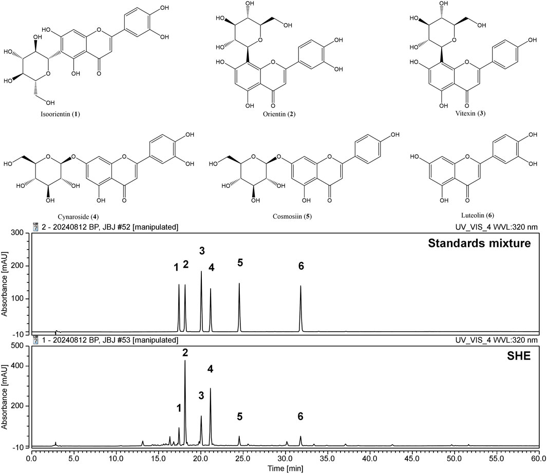 Chemical structures and a chromatogram show six compounds: Isoorientin, Orientin, Vitexin, Cynaroside, Cosmosiin, and Luteolin. The chromatogram displays peaks labeled one to six corresponding to the compounds, with absorbance on the y-axis and time in minutes on the x-axis. There are two sets of chromatogram data, one labeled