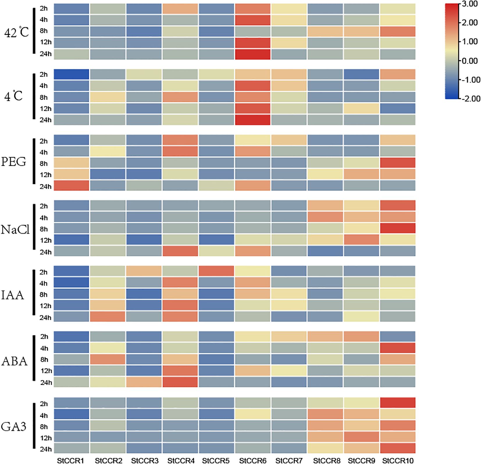 Heatmap showing expression levels of 10 genes under various treatments over time. Rows represent treatments: 42°C, 4°C, PEG, NaCl, IAA, ABA, GA3, and columns represent gene expressions from STCCR1 to STCCR10. Colors range from blue (low expression) to red (high expression), with a legend on the right.