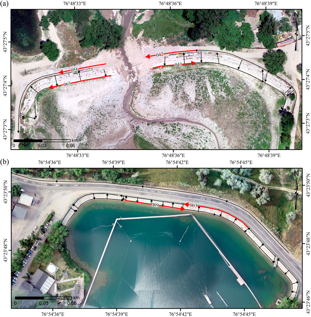 Aerial images showcasing riverbank changes. The top image displays a dry riverbed with erosion indicated by red arrows and measurement annotations. The bottom image shows a river with structured barriers and measurement annotations, indicating distance and erosion details. Both images have geographical coordinates and scale indicators.