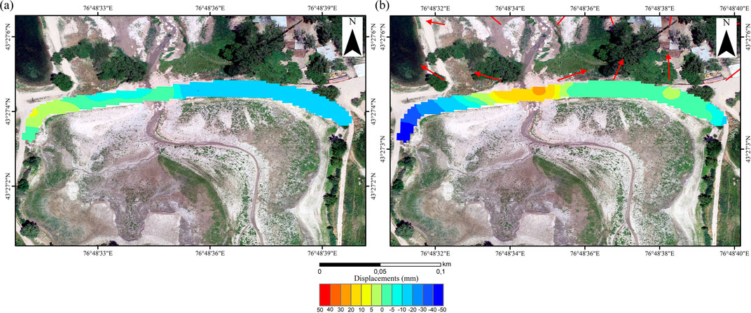 Two aerial images of the same landscape show displacement data along a riverbank. The images include a color-coded scale indicating displacement measurements in millimeters, ranging from negative fifty to positive fifty. The left image shows cooler colors indicating negative displacements, while the right image shows warmer colors indicating positive displacements and red arrows pointing to specific locations. Vegetation and paths are visible around the riverbank.