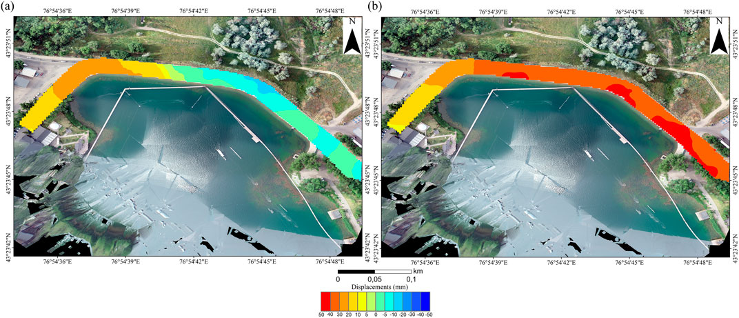 Aerial comparison of two maps showing land displacement around a water body. The left map uses colors ranging from green to blue, indicating minimal displacement, while the right map uses green to red, showing significant displacement. A colored scale bar indicates displacement in millimeters.