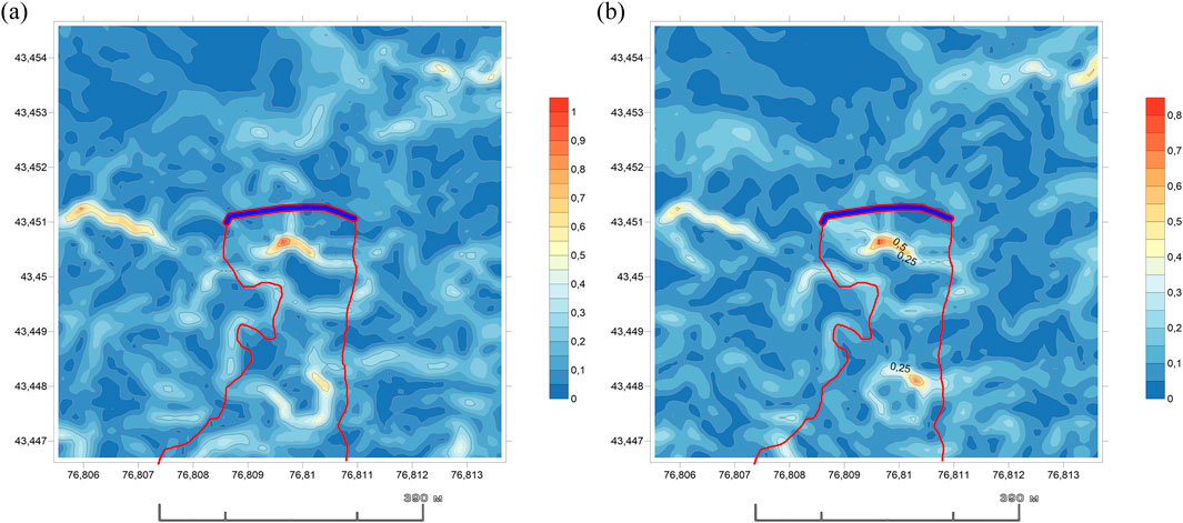 Two side-by-side topographic maps display contour levels with color gradients from blue to red, indicating elevation changes. Red lines outline specific shapes in each map. A vertical scale bar on the right shows values ranging from zero to one. The left map features fewer labeled contour values, while the right map includes additional numbers within the contours for more detail. Both maps are framed with grid coordinates.