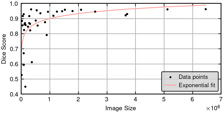 Scatter plot of the Dice scores of the 3D cascade model in relation to lesion size.