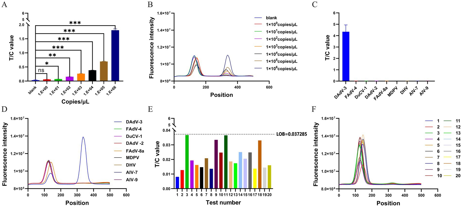 (A) Bar graph of T/C values versus copies per microliter in different colors, with significance indicators. (B) Line graph of fluorescence intensity versus position for various copies per microliter, shown in different colors. (C) Bar graph of T/C values for different viruses, where only the T/C value of DAdV-3 is positive. (D) Line graph showing fluorescence intensity versus position for several viruses, color-coded.(E) For RPA-LFD LOB determination: 20 1% skim milk buffer samples as templates, T/C values read. (F) T/C fluorescence intensity of their amplification products; C position 60-160, T 320-420.