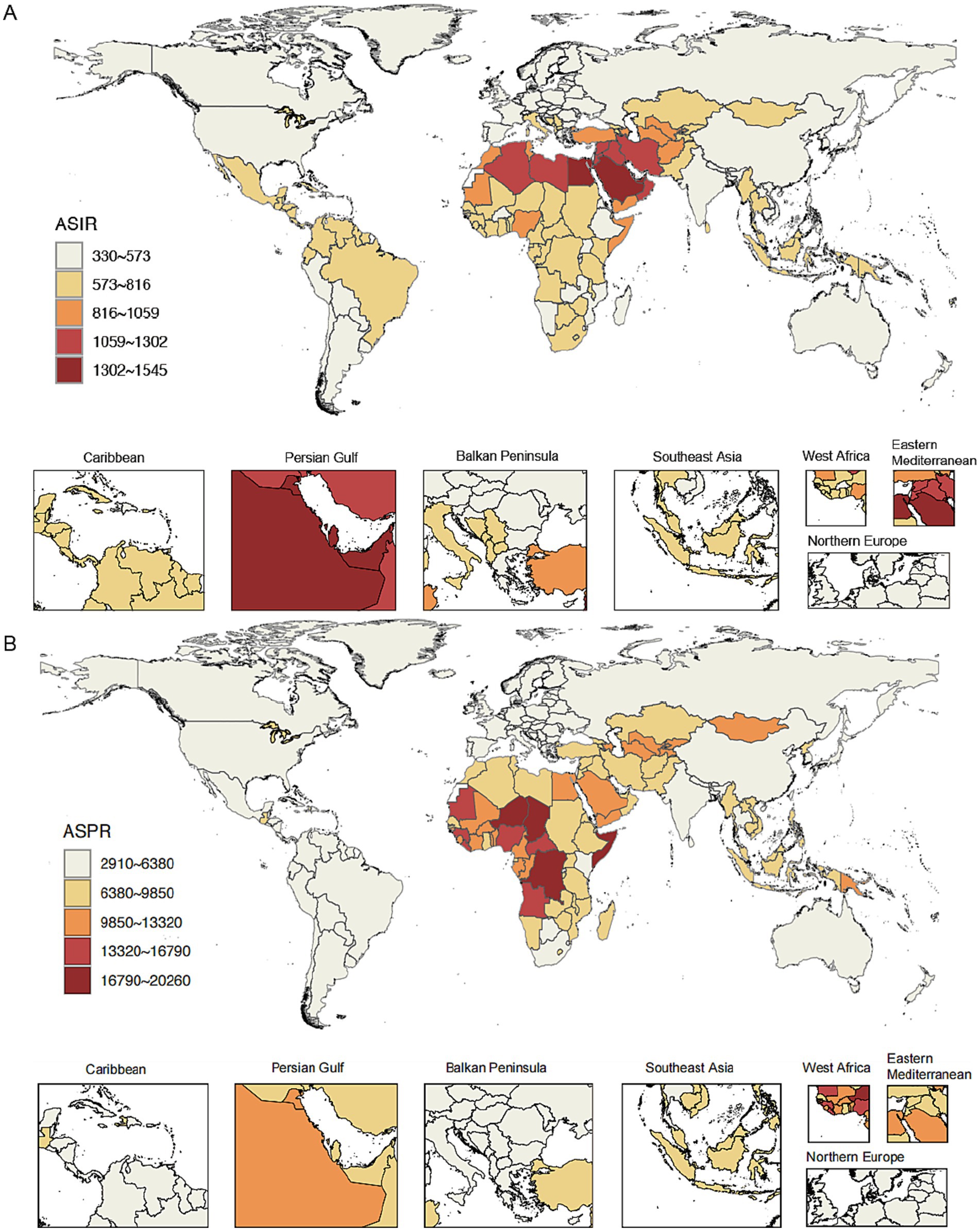 Global maps depicting age-standardized incidence rates (ASIR) and age-standardized prevalence rates (ASPR) for a certain condition. Map A shows ASIR, colored from light yellow to dark red, with higher rates in the Eastern Mediterranean and parts of Africa. Map B illustrates ASPR, similarly color-coded, with higher rates in sub-Saharan Africa. Highlighted regions include the Caribbean, Persian Gulf, Balkan Peninsula, Southeast Asia, West Africa, Eastern Mediterranean, and Northern Europe, showing variations in color intensity to indicate different rates.