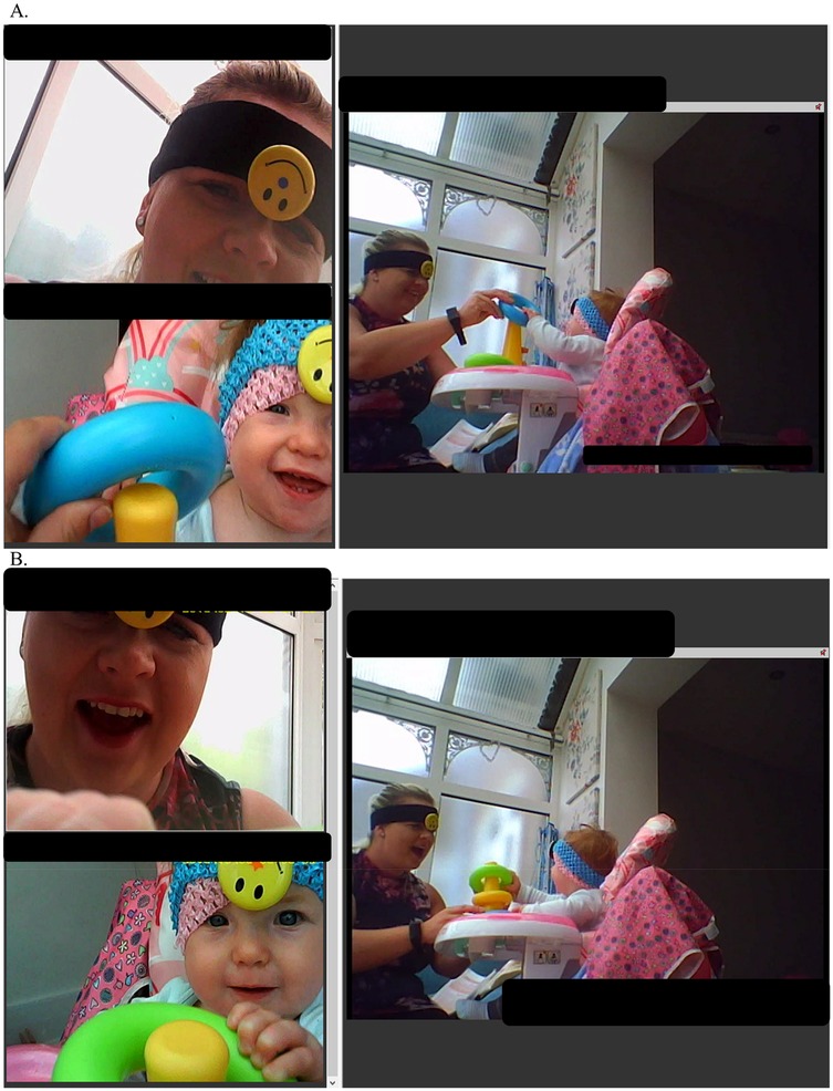 Composite image showing three camera perspectives used to code parent-infant interactions in the home. Panel A displays the caregiver's view (infant recorded from the parent's head-mounted camera), the infant's view (parent recorded from the infant's head-mounted camera), and a third-person view from a concealed photo-frame camera showing both interacting together during a stacking task. Panel B presents the same three perspectives during a moment of smiling and shared play.