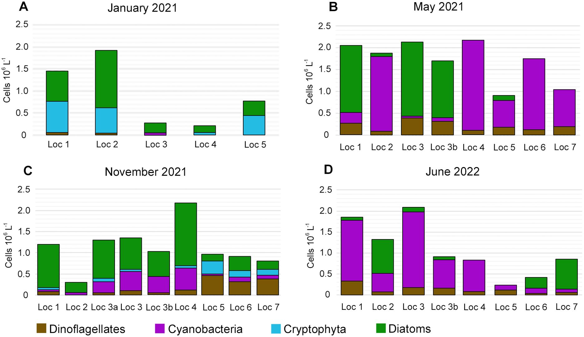 Four bar graphs labeled A, B, C, and D show cell concentrations of various phytoplankton groups at different locations in January, May, June, and November 2021. Each bar is divided into sections representing dinoflagellates, cryptophyta, cyanobacteria, and diatoms. Locations vary across the graphs, with clear variations in cell concentrations and group compositions across the months.
