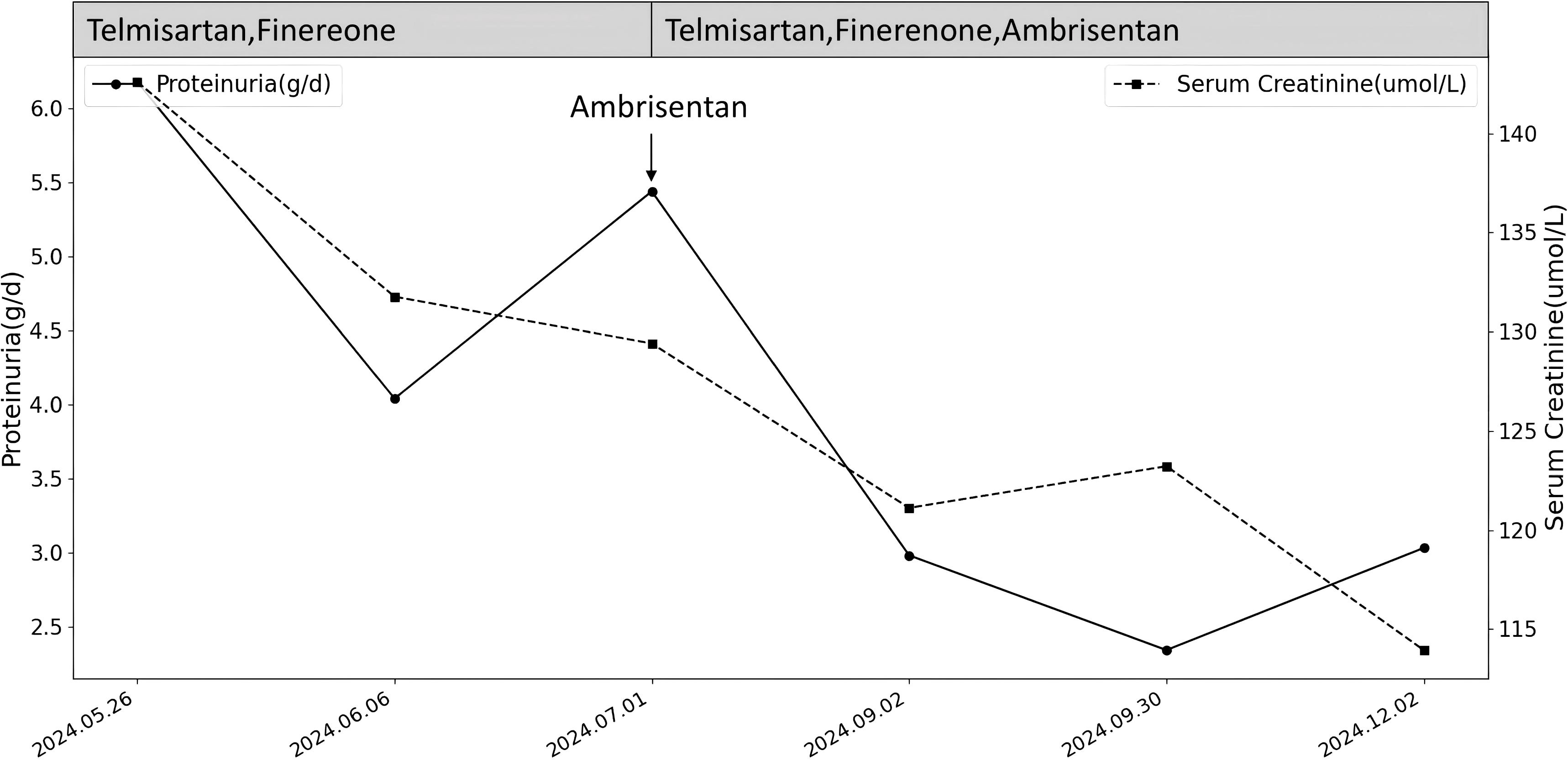 Line chart showing the proteinuria and serum creatinine levels of this patient from May to December 2024. The proteinuria level shows an overall downward trend, with a significant decrease especially after the initiation of Ambrisentan treatment in July; the serum creatinine level also shows an overall downward trend.