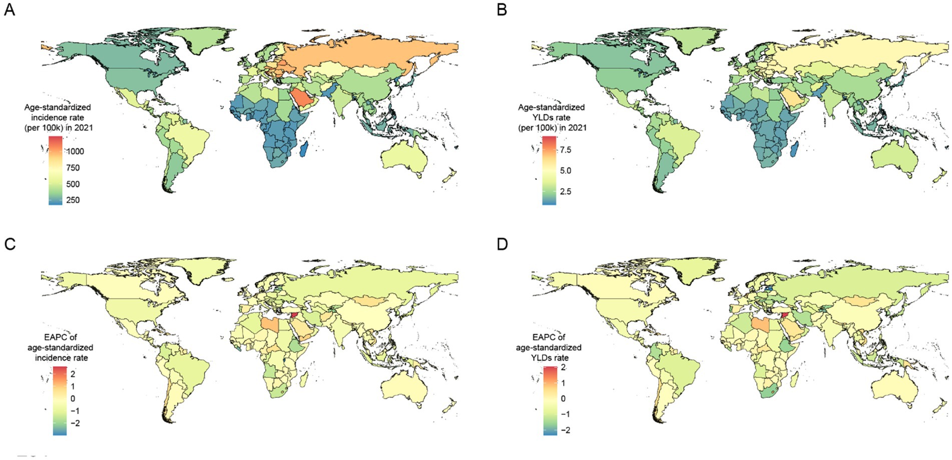 Four map panels show global data in 2021. Panel A presents incidence rates per 100,000. Panel B displays YLDs rates per 100,000. Panels C and D show the EAPC of the incidence and YLDs rates, respectively. A color gradient from blue to red indicates rate increases, with data variations depicted across different countries and regions.