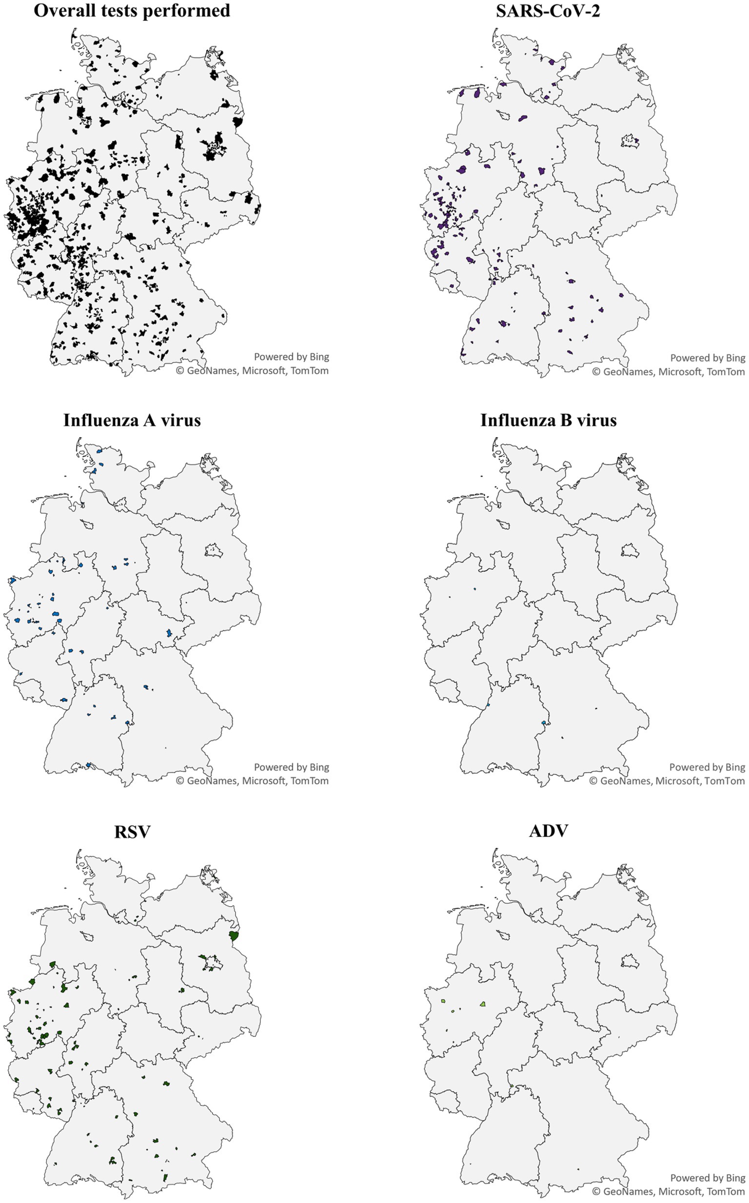 Maps of Germany showing geographical distribution of MAK5 detections. Top left shows overall tests, top right SARS-CoV-2, middle left Influenza A virus, middle right Influenza B virus, bottom left RSV, and bottom right ADV.