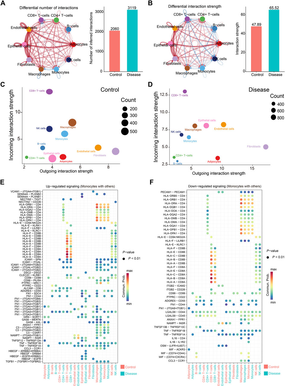 Two sets of network diagrams and bar graphs show cellular interactions in control and disease conditions. Panels A and B illustrate interactions among different cell types, with graphs displaying the interaction numbers and strengths, higher in disease. Panels C and D show scatter plots of incoming versus outgoing interaction strength by cell type for control and disease. Panels E and F display dot plots of up-regulated and down-regulated signaling in monocyte interactions, with varying communication probabilities indicated by color intensity and significant p-values marked by dot size. Control and disease conditions are color-coded in red and blue, respectively.