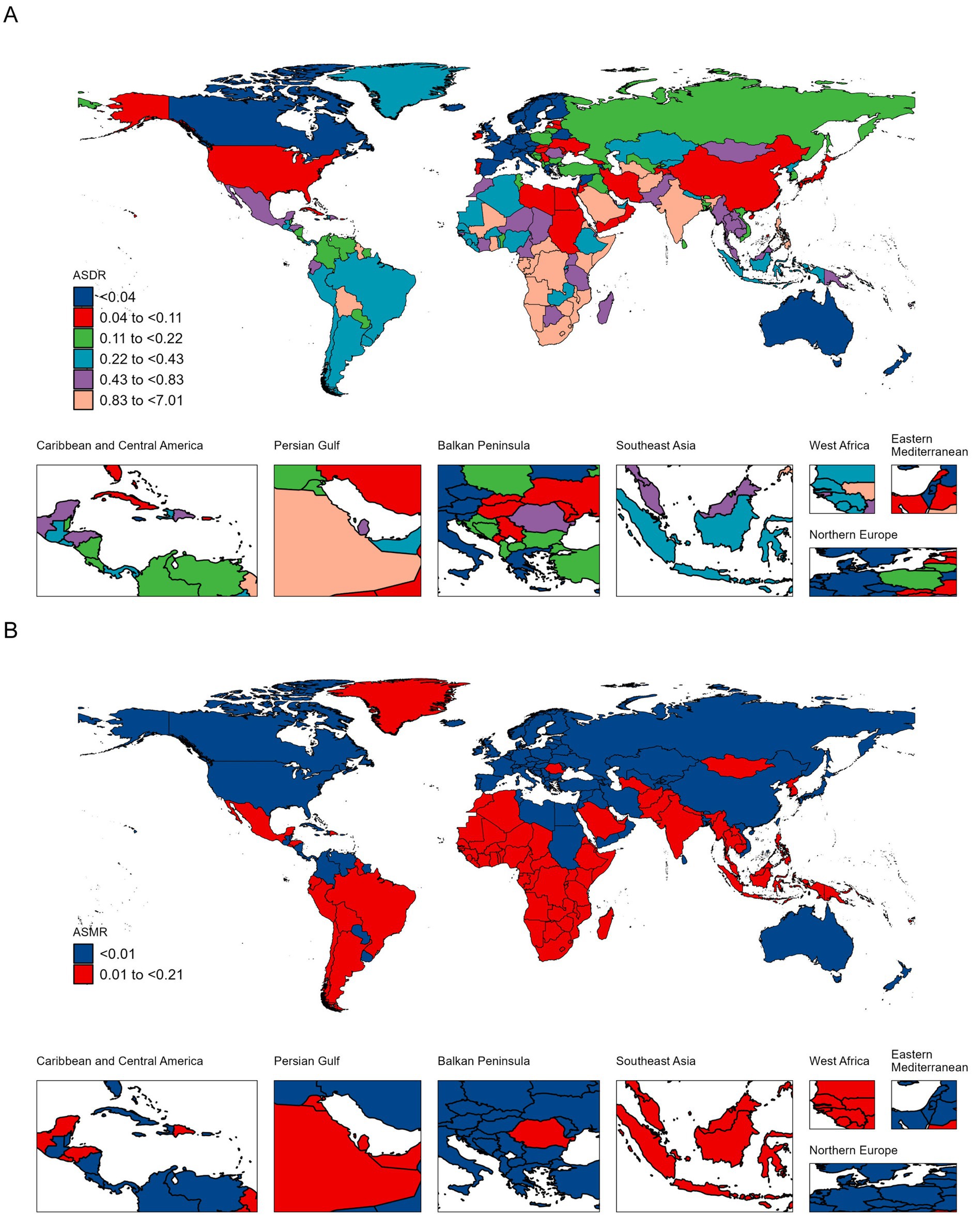 World maps labeled A and B display ASDR and ASMR data distribution across countries using colored categories. A shows a range from less than 0.04 to 7.01, while B uses fewer categories from below zero to 0.21. Insets focus on specific regions: Caribbean, Persian Gulf, Balkans, Southeast Asia, West Africa, Eastern Mediterranean, and Northern Europe, showing variations in detail.