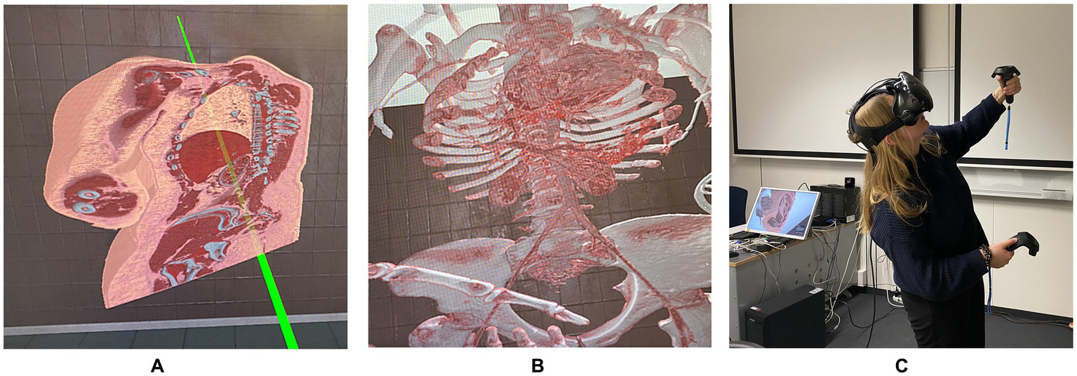 Panel A shows a virtual cross-section of a human torso with visible organs and bones. Panel B displays a three-dimensional view of a ribcage and spine. Panel C depicts a person wearing a virtual reality headset, holding controllers, and interacting with the virtual models.