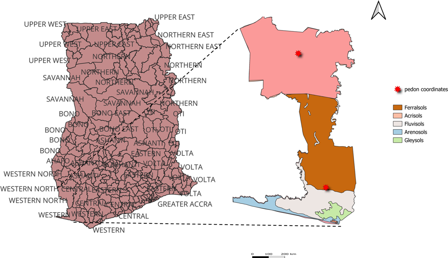 Map of Ghana showing soil types including Ferralsols, Acrisols, Fluvisols, Arenosols, and Gleysols, marked by colors. Two red stars indicate pedon coordinates in the Northern and Volta regions. A scale bar is present.