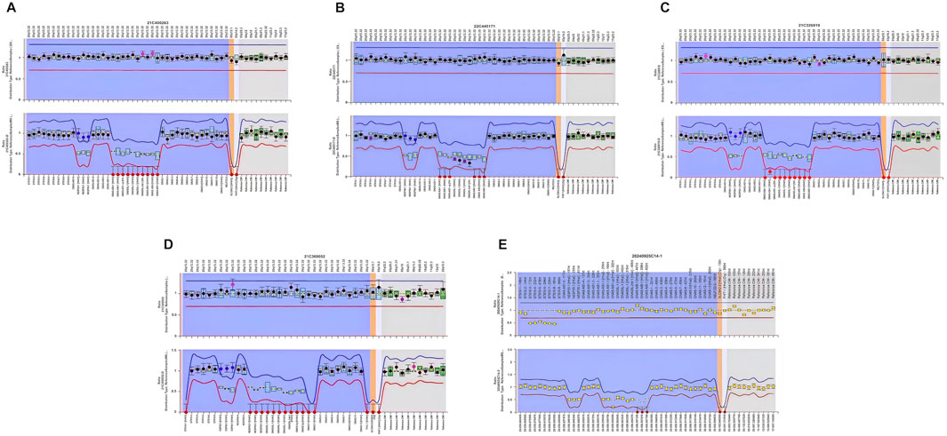 Graphs labeled A to E, each displaying statistical data with blue shaded areas, lines, and boxes on a timeline. Variations in data points are evident across different sections. Each graph has distinct data characteristics and annotations.